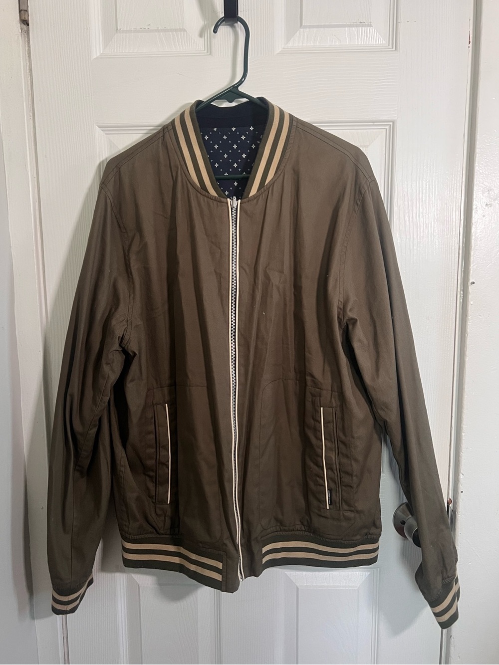 Men's Scotch & Soda Olive Bomber Jacket with Striped Trim | XXL | 100% Cotton